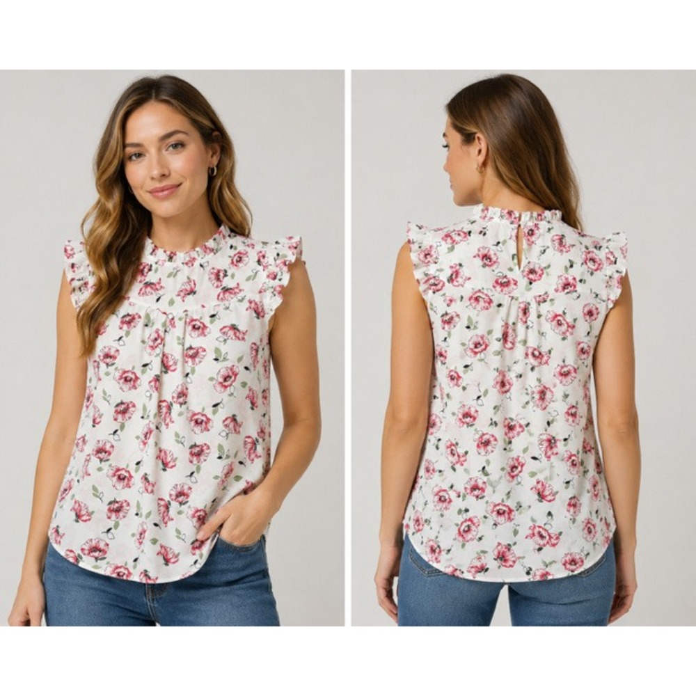 Monteau Los Angeles Floral Ruffle Mock Neck Flutter Sleeve Blouse XL Pink White